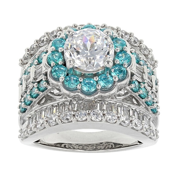 Silver Cocktail Ring Engagement Ring Round CZ Center with Halo, White & Blue CZ - Picture 4 of 16